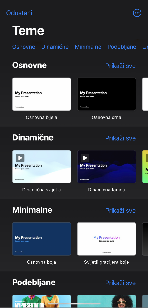 Izbornik tema s prikazom retka kategorija preko vrha koje možete dodirnuti za filtriranje opcija. Ispod se nalaze minijature postojećih tema poredanih u retke po kategoriji.