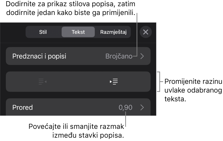 Odjeljak Predznaci i popisi kontrola formatiranja s oblačićima na Predznake i popise, tipke za izvlake i uvlake i kontrole razmaka između redaka.