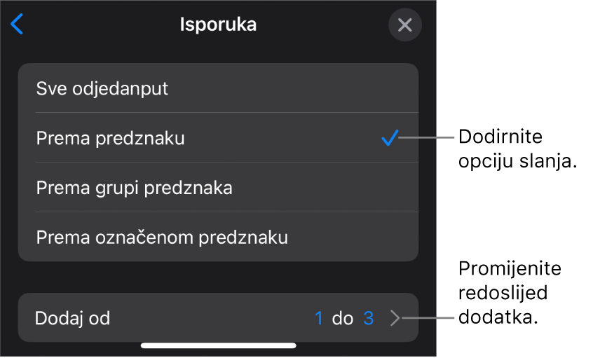 Opcije isporuke u prozoru Dodavanje.