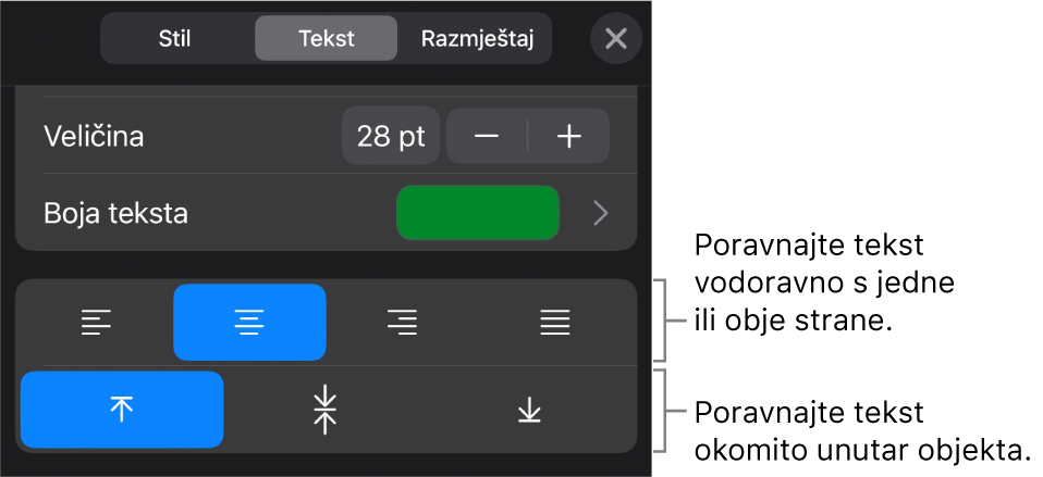Odjeljak Poravnanje tipke Formatiraj s balončićima za tipke za poravnanje teksta.