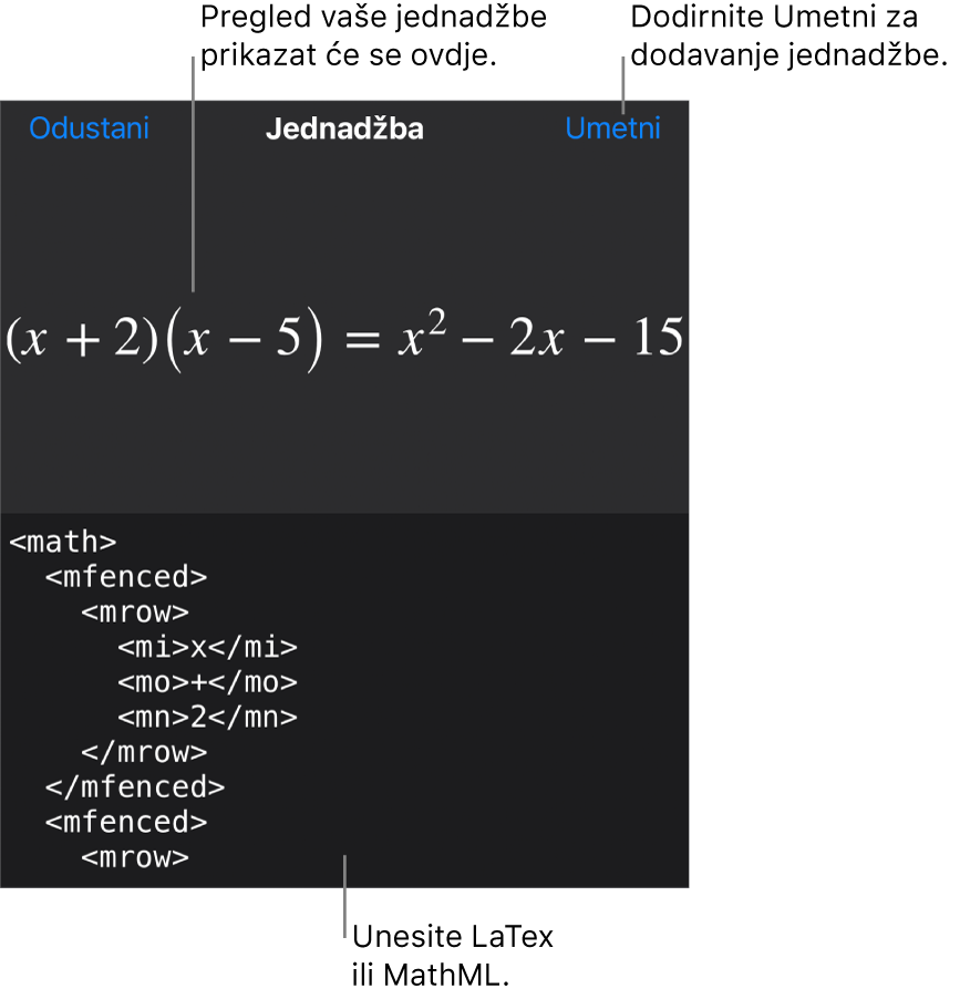 Dijaloški okvir Jednadžba koji prikazuje jednadžbu napisanu korištenjem MathML naredbi i prikaz gornje formule.