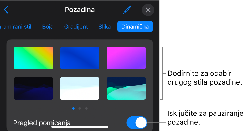 Kontrole dinamične pozadine s prikazanim minijaturama stila pozadine i tipkom Prikaz kretanja.