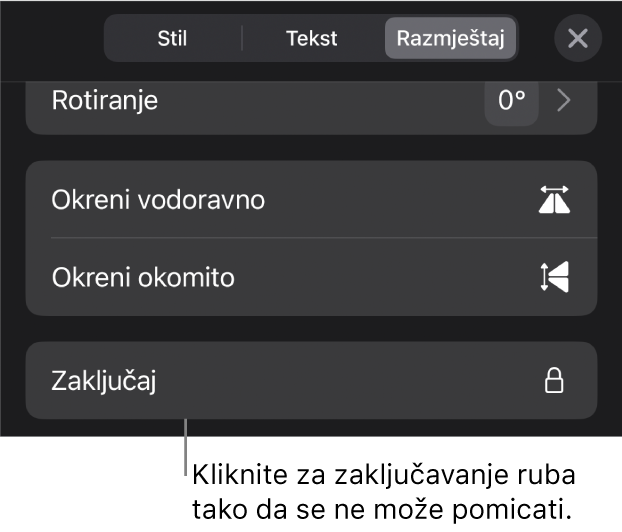 Kontrole Rasporedi u izborniku Formatiraj s odabranom tipkom Zaključaj.