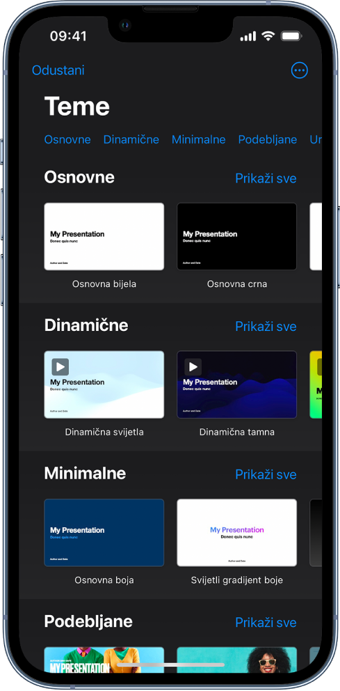  Izbornik tema s prikazom retka kategorija preko vrha koje možete dodirnuti za filtriranje opcija. Ispod se nalaze minijature postojećih tema poredanih u retke po kategoriji.