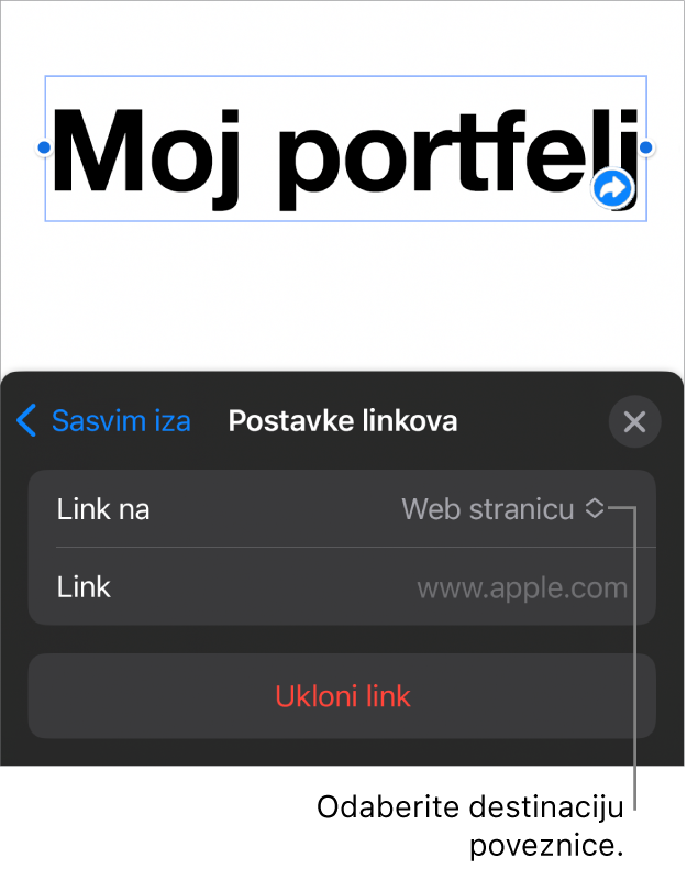 Kontrole Postavke linka s odabranom opcijom Web stranica, tipka Ukloni link nalazi se na dnu.