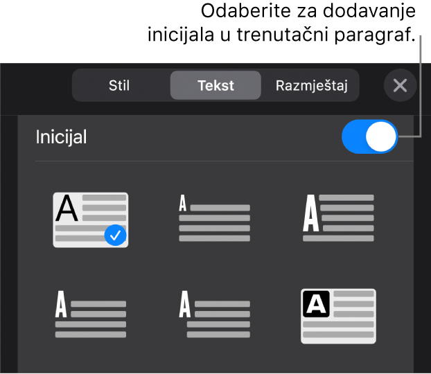 Kontrole opcija Inicijal koje se nalaze na dnu izbornika Tekst.