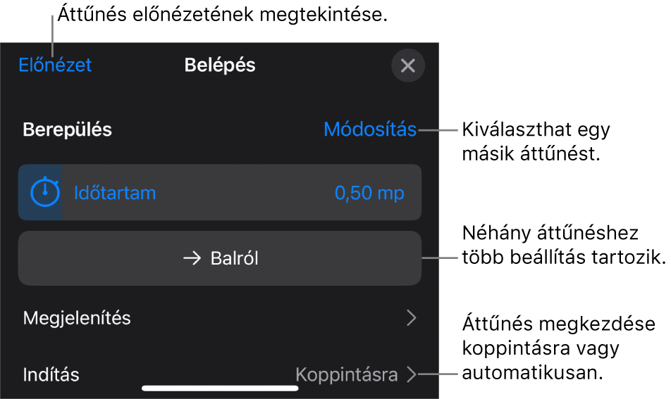 Az áttűnés módosítására szolgáló vezérlők az Opciók panelen.