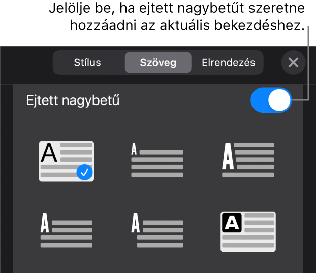 A Szöveg menü alján elhelyezkedő Iniciálé vezérlők.