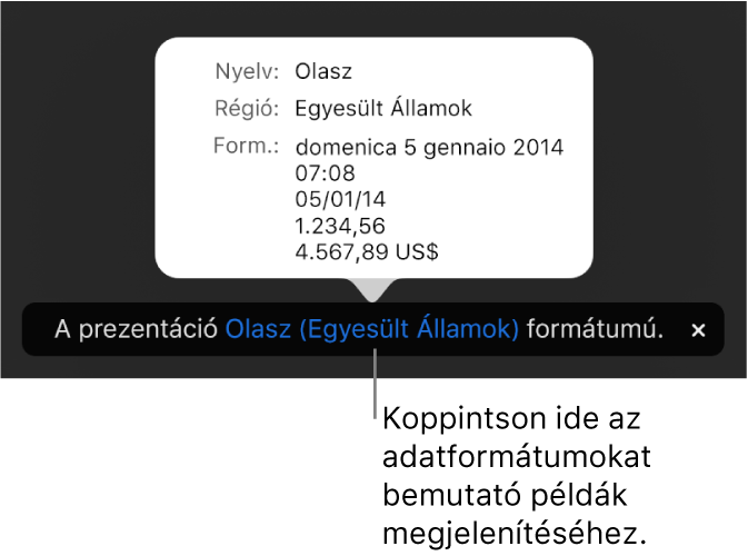 Értesítés az eltérő nyelvi és regionális beállításokról, és látható néhány példa az adott nyelvre és régióra jellemző formátumokra.