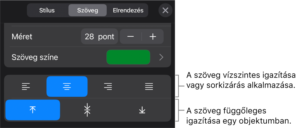 A Formátum gombbal elérhető Igazítás szakasz a szövegigazítási gombokat ismertető feliratokkal.