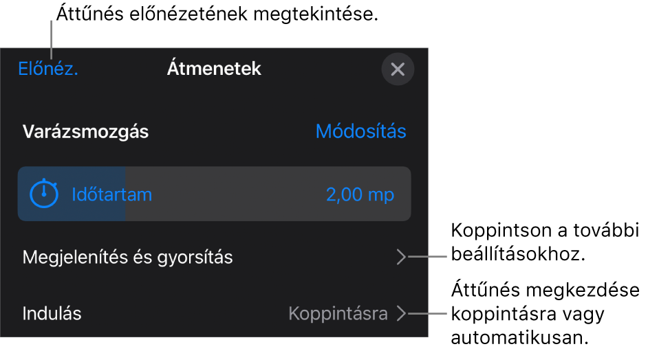 A Varázsmozgás vezérlői az Áttűnések panelen.