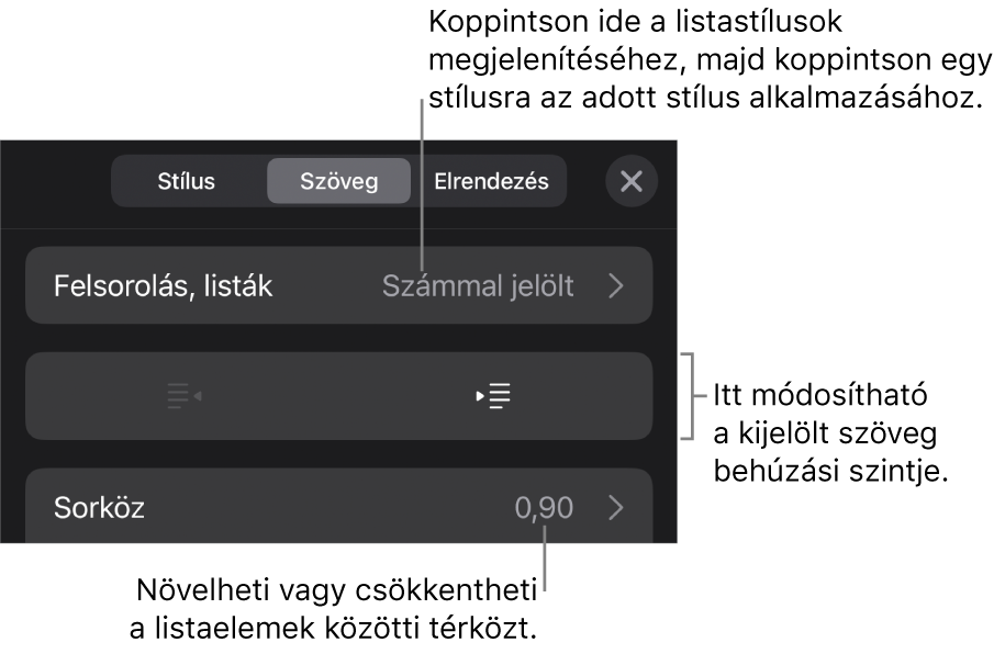 A Formátum vezérlők Felsorolások és listák része, a Felsorolásokat és a listákat, a kihúzás és a behúzás gombokat, valamint a sor térköz vezérlőket jelölő feliratokkal.