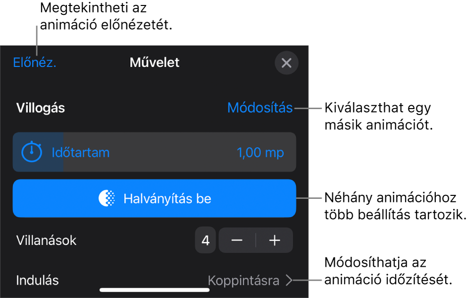 Az Animációra vonatkozóan megadhatja többek között az Időtartam és az Indítás időzítésének beállításait. Ha másik animációt szeretne választani koppintson a Módosítás lehetőségre, vagy az Előnézet lehetőségre koppintva megtekintheti az animáció előnézetét.