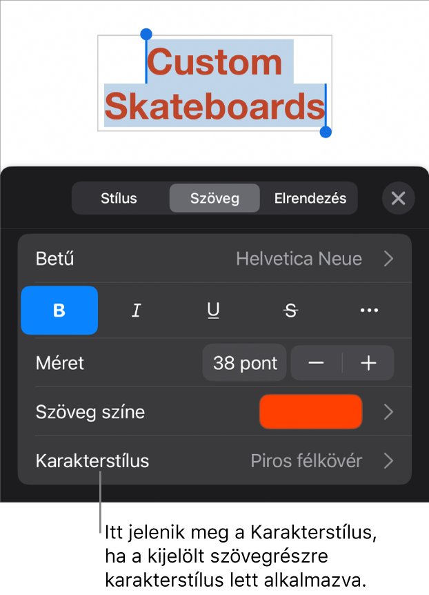 A Szövegformázás vezérlők a Karakterstílussal a Színek vezérlői alatt. A Nincs karakterstílus látható egy csillag szimbólummal.
