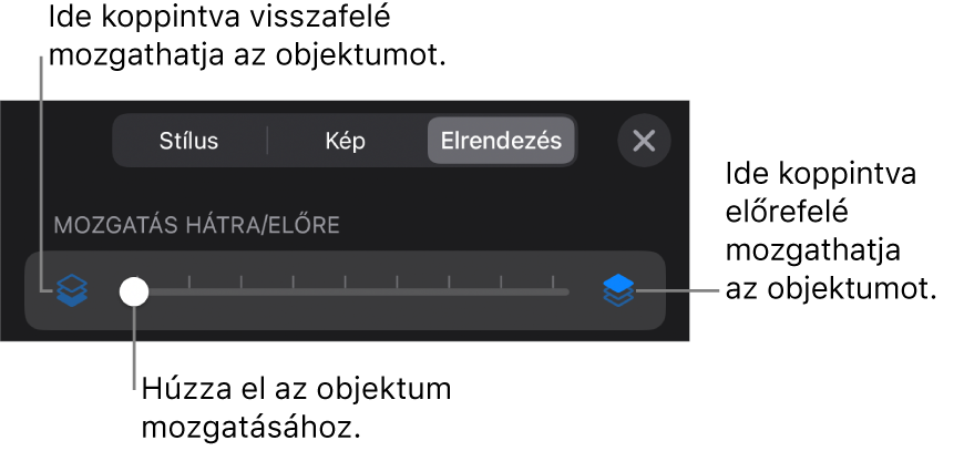 Visszafelé mozgatás gomb, Mozgatás előre gomb és a rétegezés csúszka.