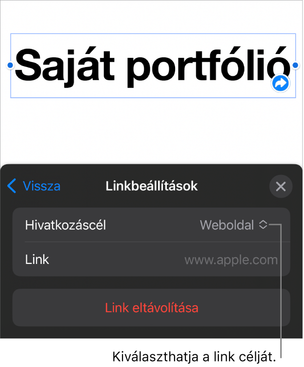 A Linkbeállítások vezérlői a kijelölt Weboldal elemmel, illetve az alul megjelenő Link eltávolítása gombbal.