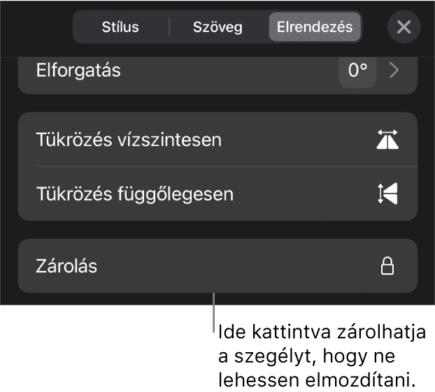 Az Elrendezés vezérlők a Formátum menüben, a kiemelt Zárolás gombbal.