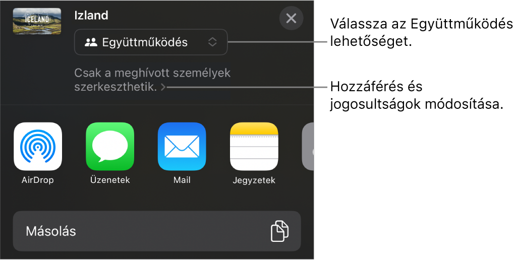 A Megosztás menü a felül kijelölt Együttműködés lehetőséggel, és az alatt látható hozzáférési és jogosultsági beállításokkal.
