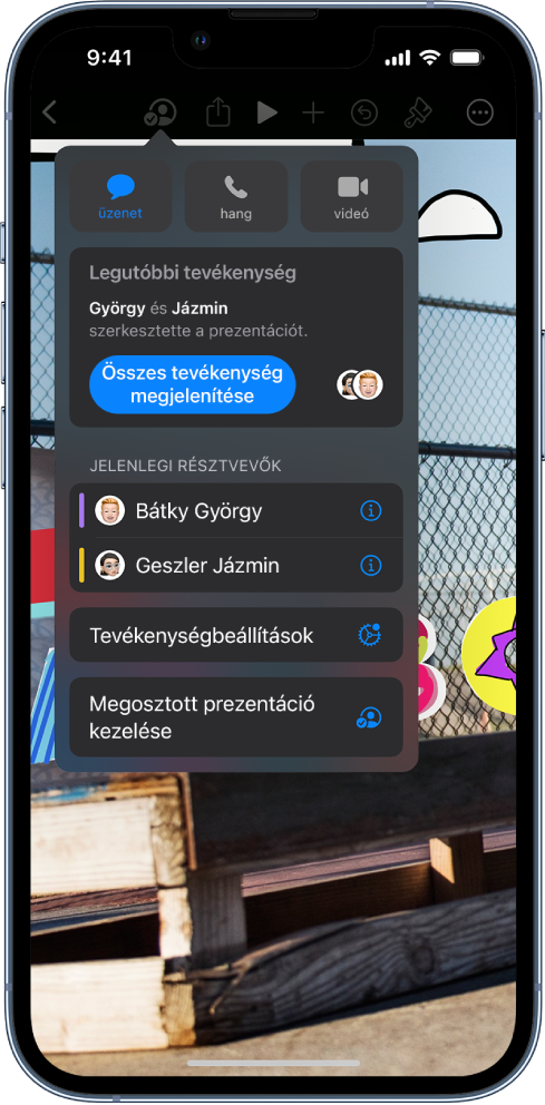 Az együttműködés menü, amelyben a prezentáción együttműködő személyek nevei láthatók.