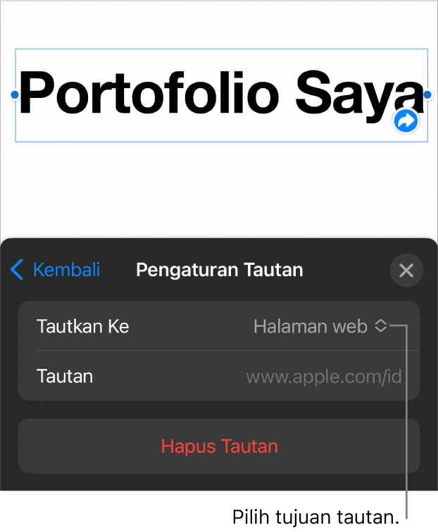 Kontrol editor Pengaturan Tautan dengan Halaman Web dipilih dan tombol Hapus Tautan di bagian bawah.