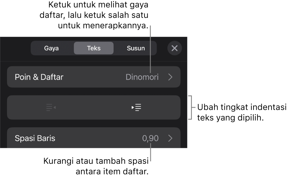 Bagian Poin & Daftar dari kontrol Format dengan keterangan ke Poin & Daftar, tombol indentasi luar dan indentasi dalam, serta kontrol spasi baris.