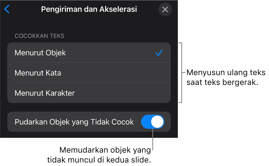 Pilihan pengiriman dan akselerasi Gerakan Ajaib di panel Akselerasi.