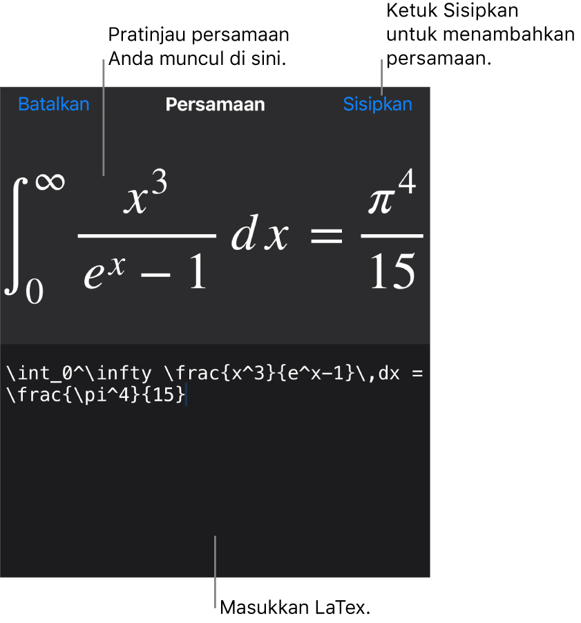 Dialog Persamaan, menampilkan sebuah persamaan ditulis menggunakan perintah LaTex, dan pratinjau formula di atas.