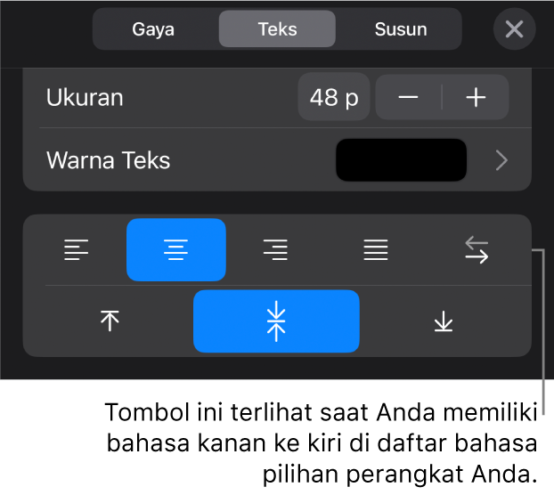 Kontrol teks di menu Format dengan keterangan ke tombol Kanan ke Kiri.