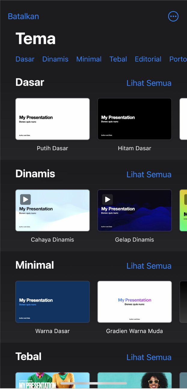 Pemilih tema, menampilkan baris kategori di sepanjang bagian atas yang dapat Anda ketuk untuk memfilter pilihan. Di bawah terdapat gambar mini tema yang dirancang sebelumnya yang diatur dalam baris menurut kategori.