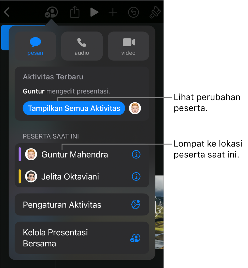 Menu kolaborasi dengan peserta saat ini terdaftar.