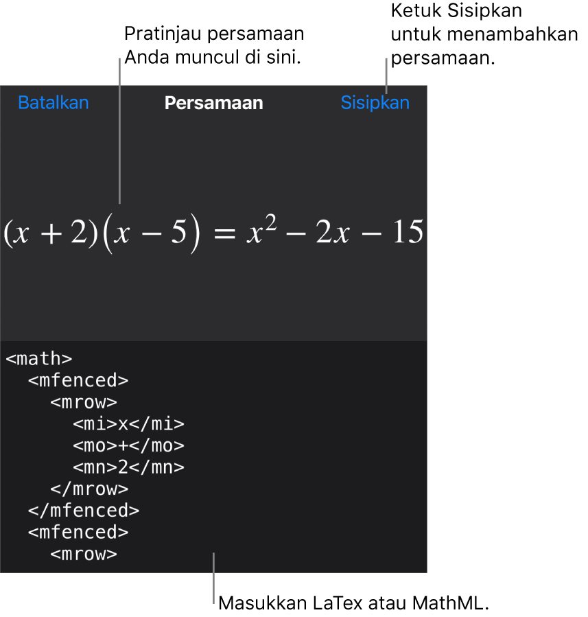 Dialog Persamaan, menampilkan sebuah persamaan ditulis menggunakan perintah MathML, dan pratinjau formula di atas.