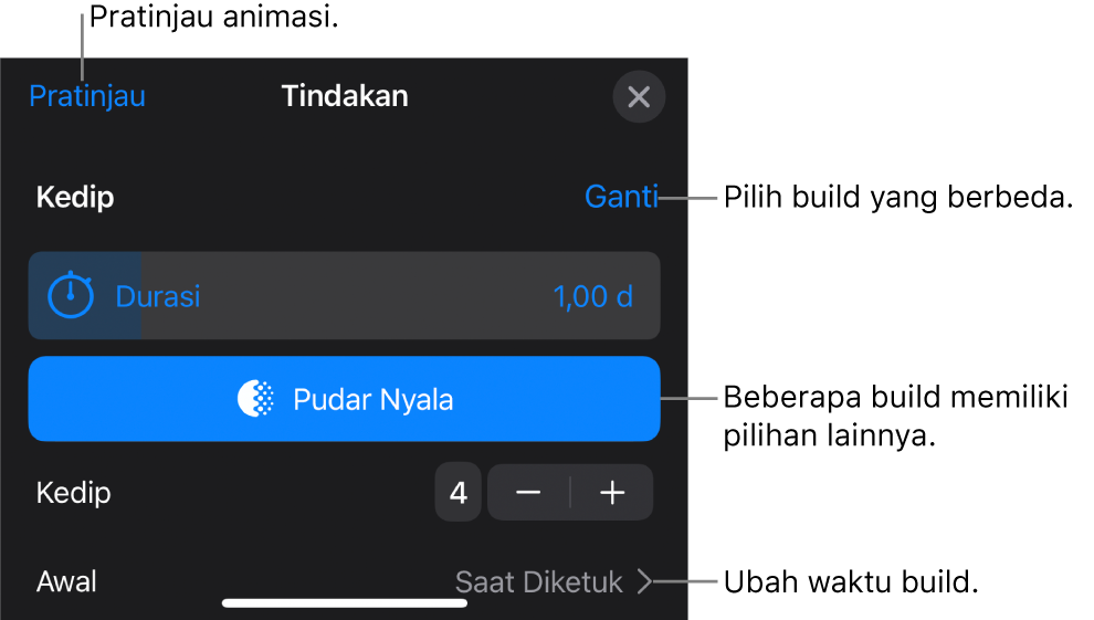 Pilihan build termasuk Durasi dan Mulai waktu. Ketuk Ubah untuk memilih build berbeda, atau ketuk Pratinjau untuk mempratinjau build.