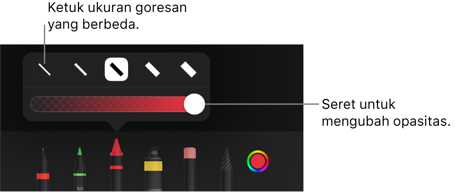 Kontrol untuk memilih ukuran coretan dan penggeser untuk menyesuaikan opasitas.