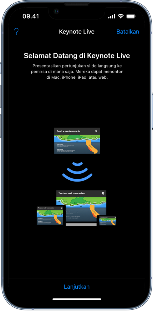 Jendela memperkenalkan Keynote Live dengan tombol Lanjutkan di bagian bawah.