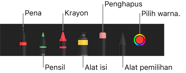 Bar alat gambar dengan alat pena, pensil, krayon, isi, penghapus, alat pemilihan, dan bidang warna yang menampilkan warna saat ini.
