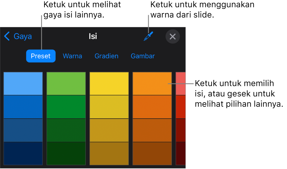 Pilihan isi di tab Gaya.