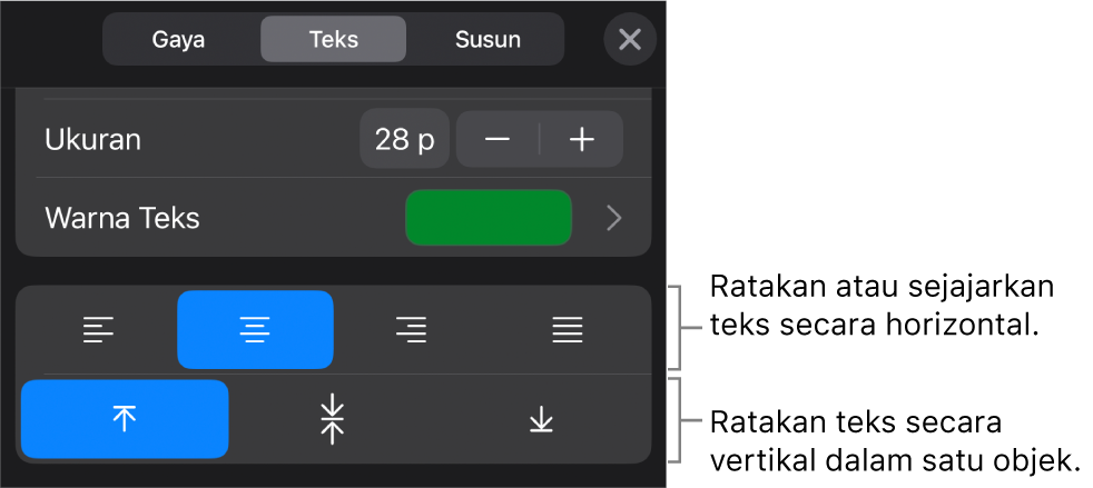 Bagian Perataan pada tombol Format dengan callout untuk tombol perataan teks.