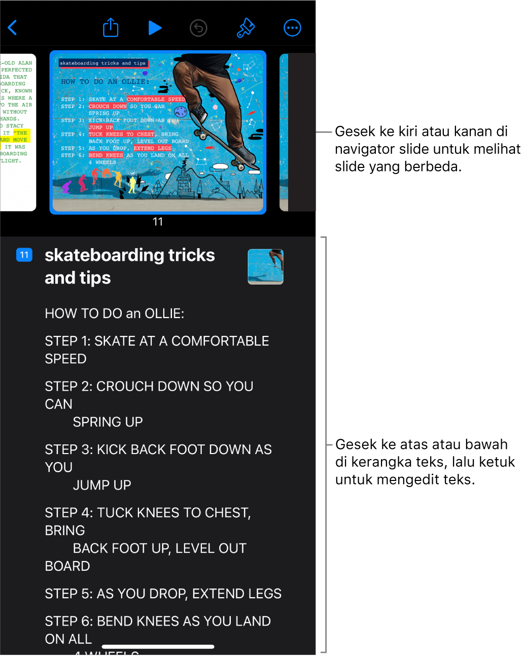 Tampilan kerangka dengan navigator slide horizontal di bagian atas layar, dan kerangka teks di bagian bawah.
