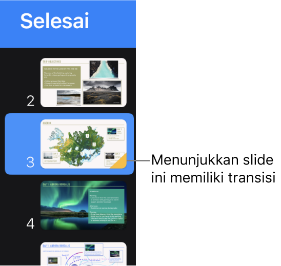 Segitiga kuning pada slide mengindikasikan bahwa slide memiliki transisi.