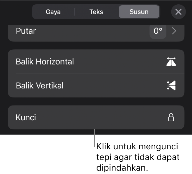 Tombol Susun di menu Format dengan tombol Kunci dijelaskan.