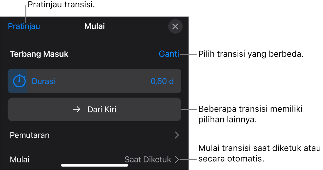 Kontrol di panel Pilihan untuk memodifikasi transisi.