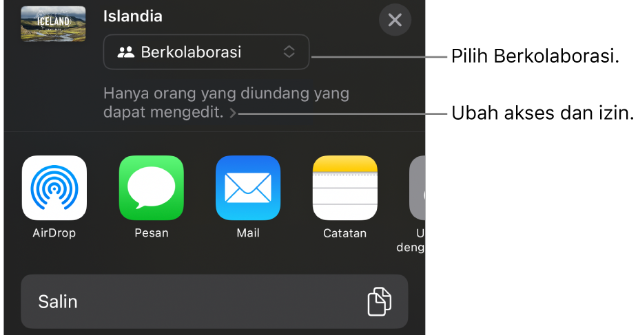 Menu Bagikan dengan Kolaborasi dipilih di bagian atas, dan pengaturan dan izin di bawahnya.