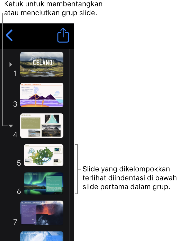 Navigator slide menunjukkan slide yang diindentasi.
