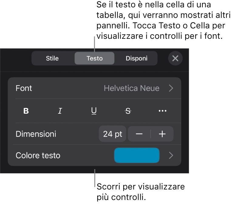 Controlli di testo nel menu Formattazione per impostare stili di carattere e paragrafo, font, dimensione e colore.