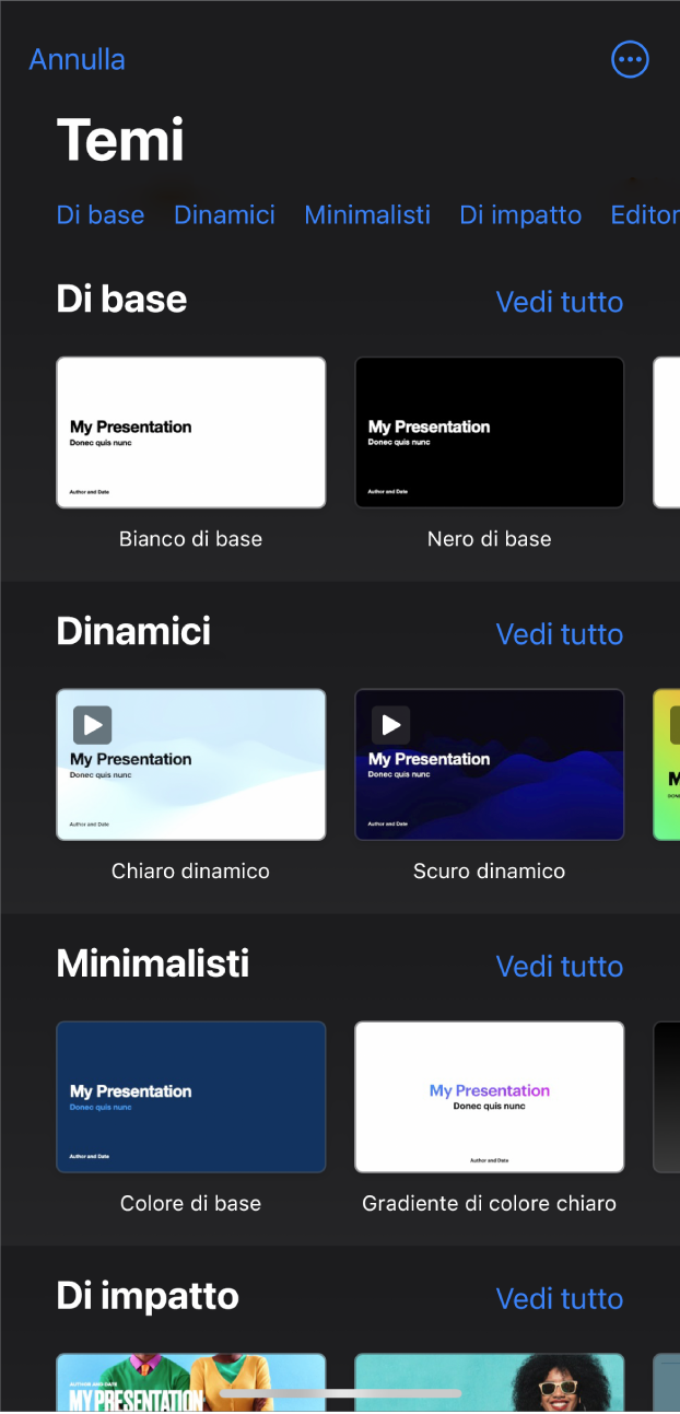 “Scelta temi”, in cui è visibile una riga di categorie nella parte superiore dello schermo che puoi toccare per filtrare le opzioni. Sotto si trovano le miniature di temi predefiniti organizzati in righe per categoria.