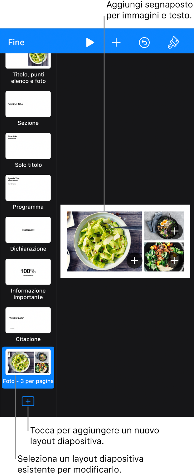 Una layout diapositiva nell'area di lavoro, con il pulsante “Aggiungi layout diapositiva” in fondo al navigatore diapositive.