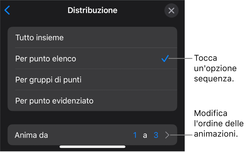 Opzioni di sequenza nel pannello “In entrata”.