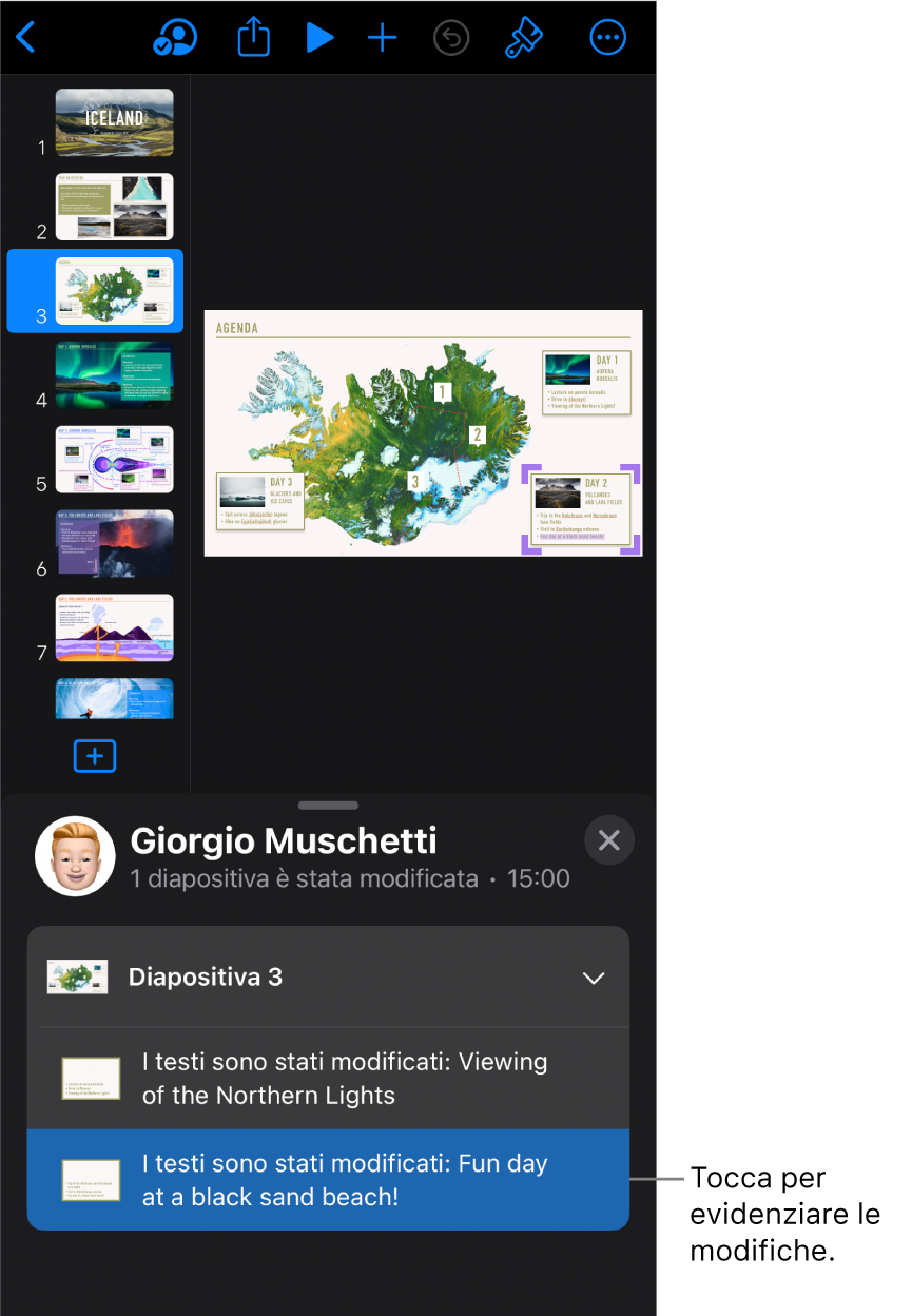 Una presentazione condivisa con il menu Collaborazione e l'elenco delle attività aperti.