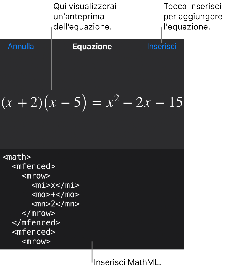 La finestra di dialogo Equazione che mostra l'equazione scritta tramite comandi MathML e un'anteprima della formula di cui sopra.