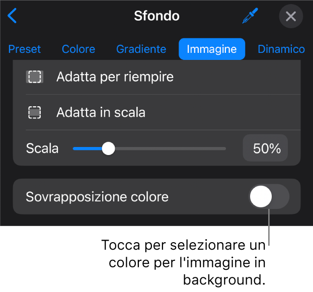 I controlli Sfondo, con un'immagine impostata come sfondo della diapositiva e il controllo “Sovrapposizione colore” nella parte inferiore.